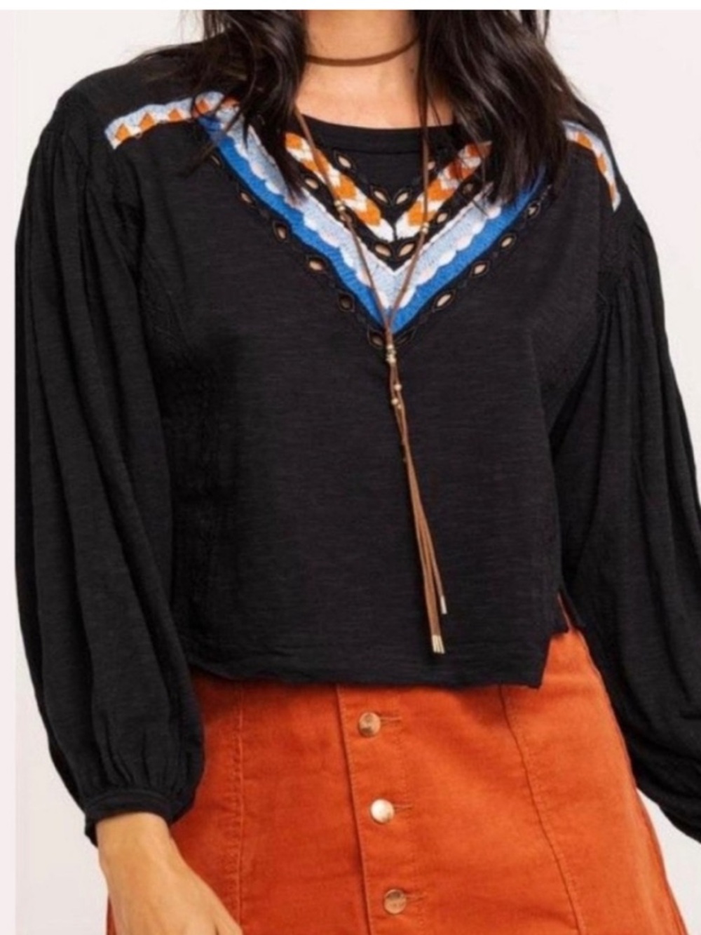 Free People hand me down t-shirt Black Embroidered V-Neck Puff Sleeve Top Small